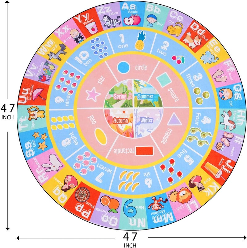 OHDS Kids Rugs for Playroom - Soft & Non-Slip 4x4 Feet Round Educational Rug for Learning ABC Alphabet, Numbers, Shapes & Map, Washable Classroom Rug for Toddler Nursery & Kids Room Decor - Image 2